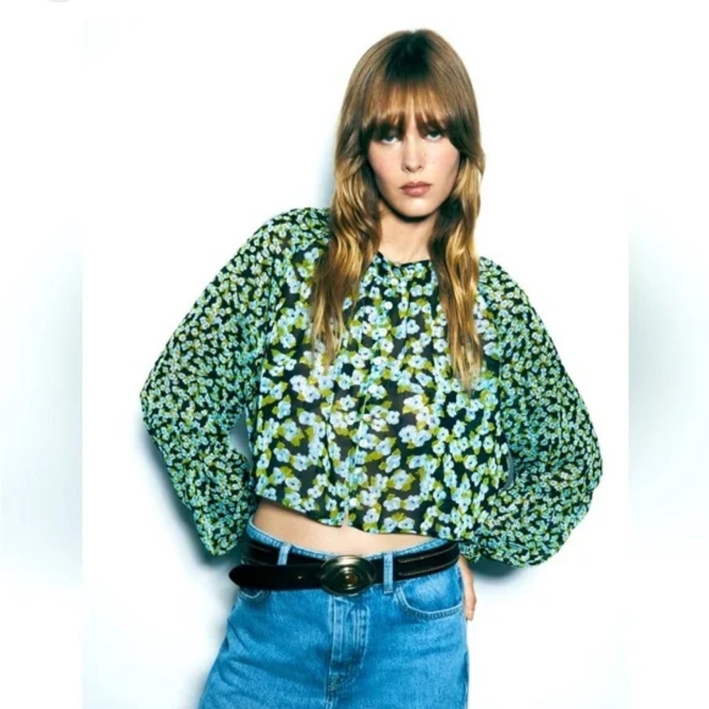 Zara Blouse top Semi Sheer balloon sleeve blue green floral size Medium